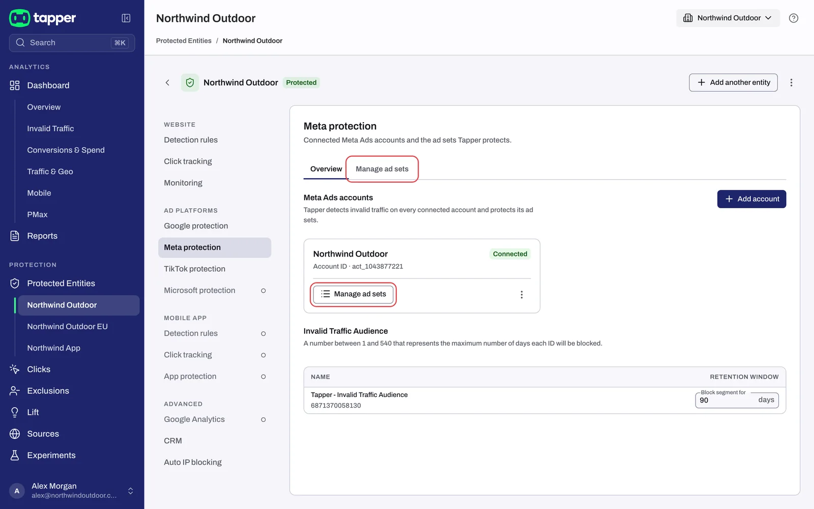 The Meta protection tab, Overview sub-tab, with the Manage ad sets button on a connected account card