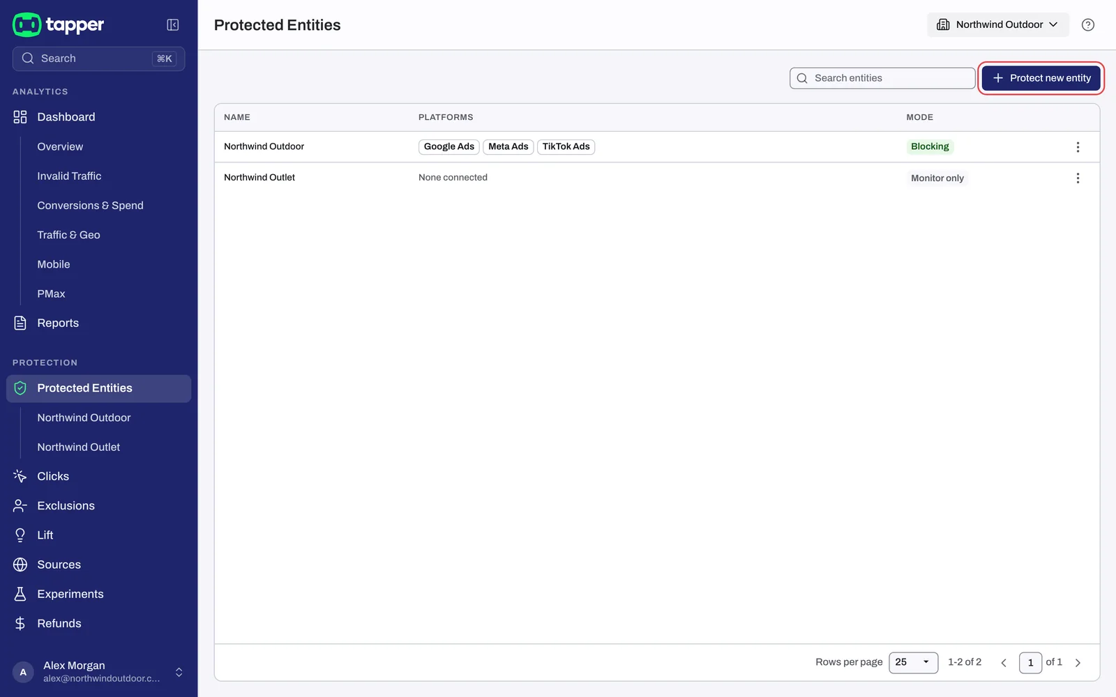 The Protected Entities list with the Protect new entity button