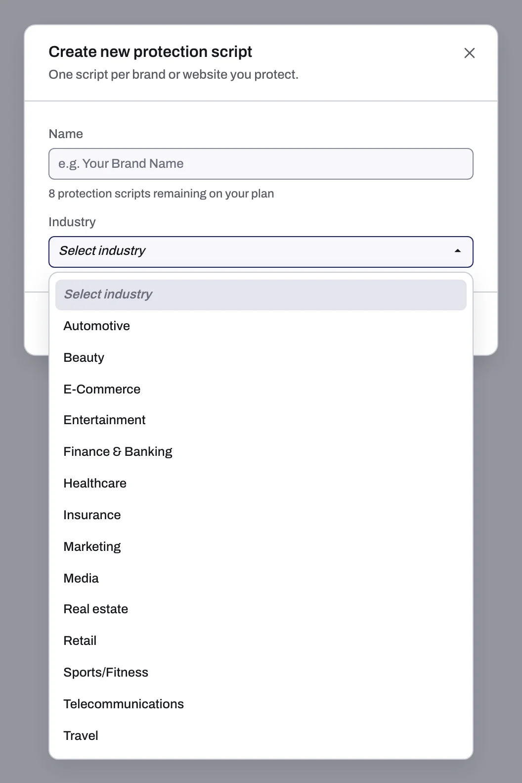 The Create new protection script dialog with the Industry list open