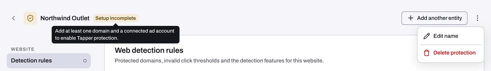 An entity page header with the status chip, Add another entity and the menu