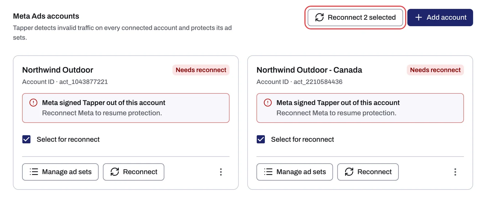 Two Meta account cards ticked with Select for reconnect, and Reconnect 2 selected in the toolbar