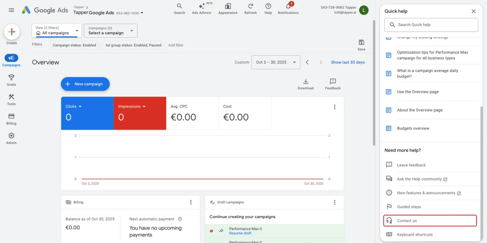 The Quick help panel in Google Ads with Contact us outlined