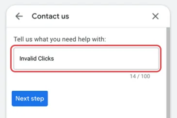 Invalid Clicks typed into the Contact us panel