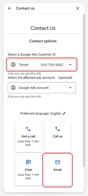 Contact options with the customer ID and Email outlined