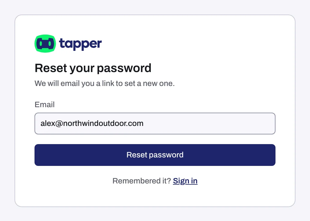 The Reset your password page with the email field and the Reset password button