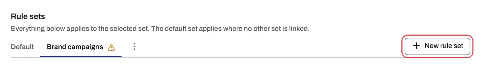 The Rule sets row with the default set and a new custom set