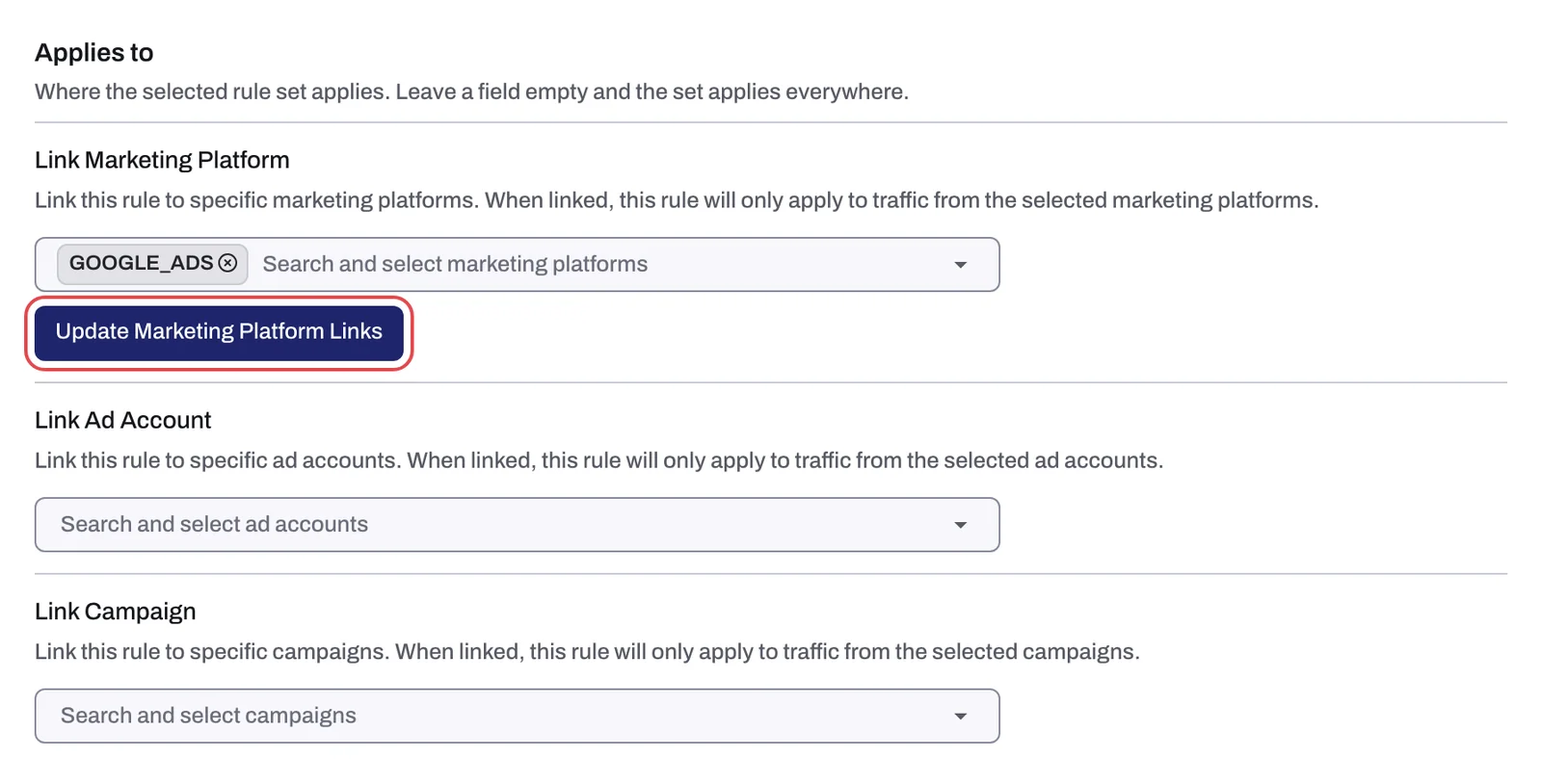 The Applies to section of a custom rule set with one platform linked