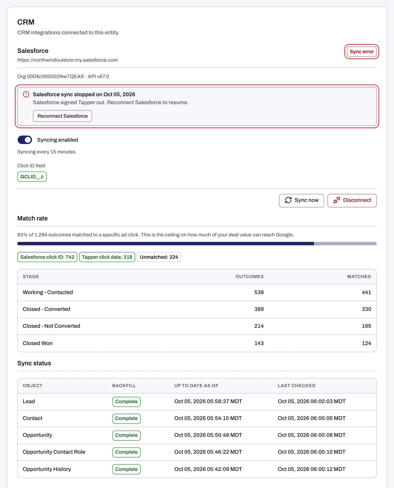 The CRM tab with the Sync error chip, the Sync now and Disconnect buttons and the Sync status section