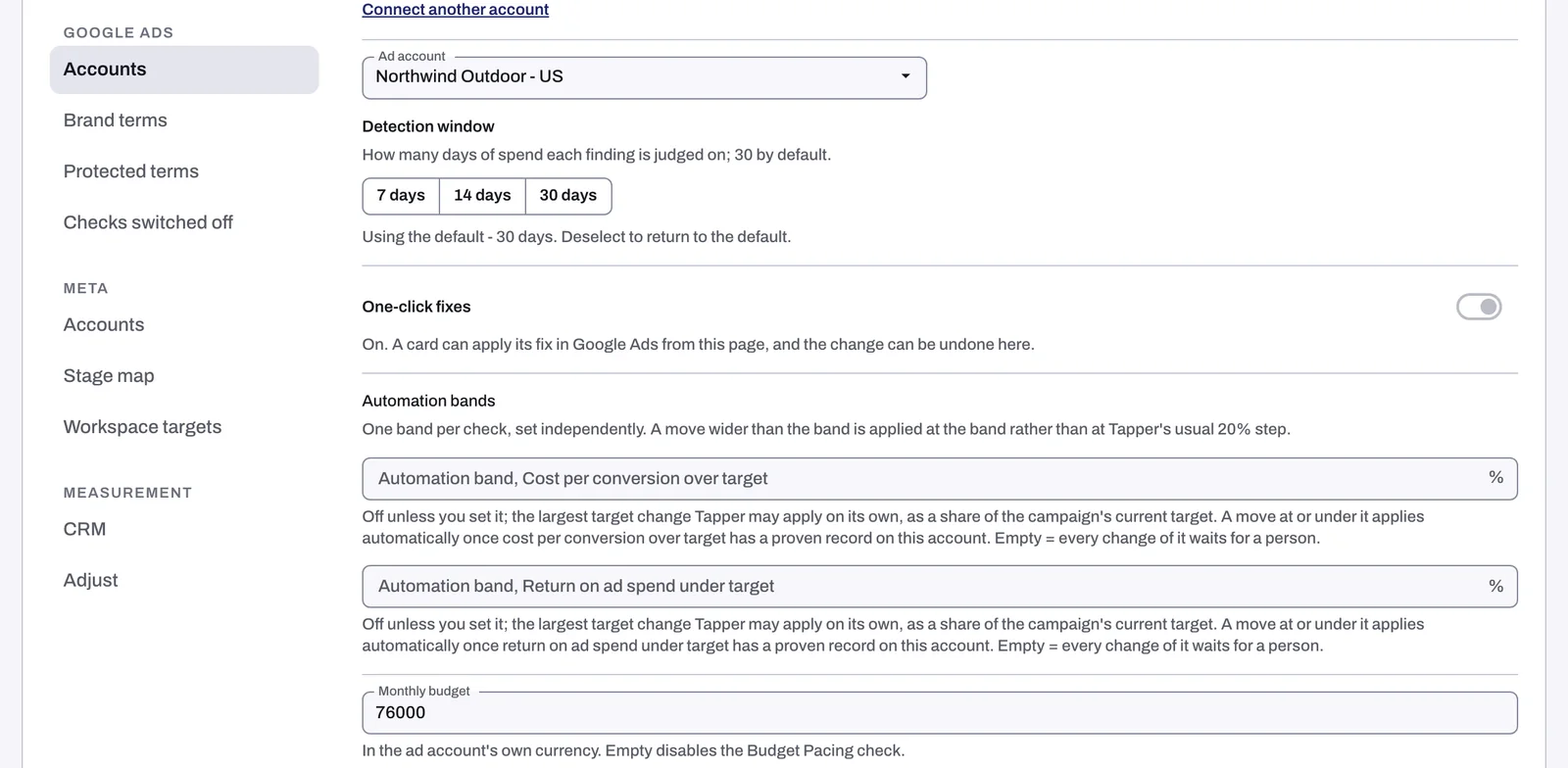 The Google Ads section: the picked account's Detection window, One-click fixes, Automation bands and Monthly budget