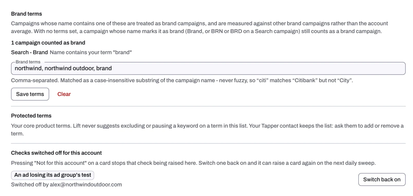 Brand terms, Protected terms and Checks switched off