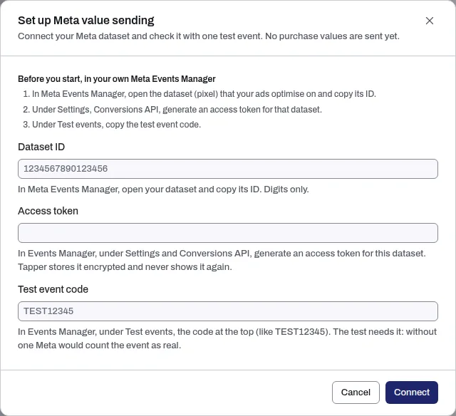 The Set up Meta value sending dialog with the steps in your own Meta Events Manager and the Dataset ID, Access token and Test event code fields
