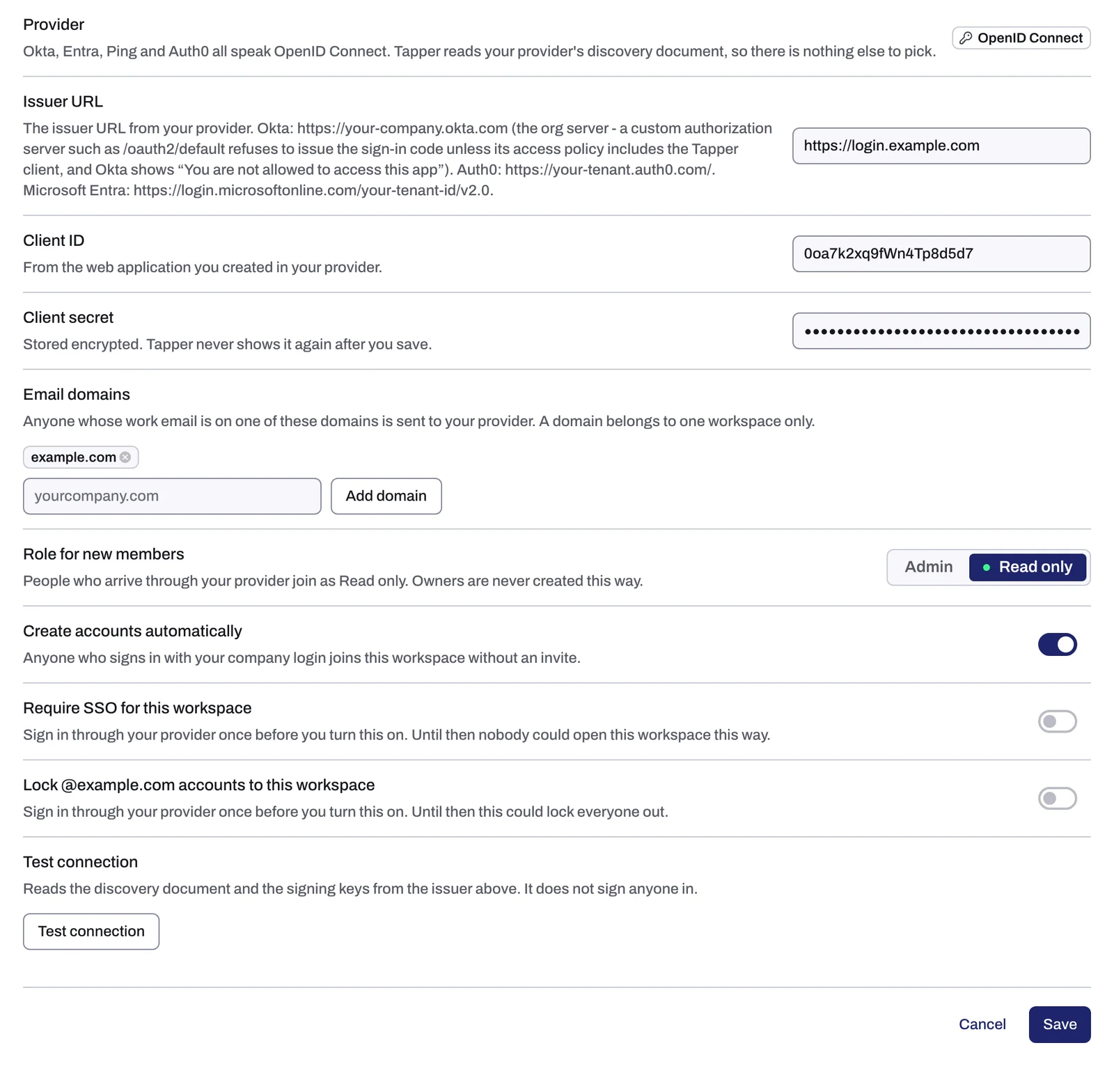 The Single Sign-On settings with the connection fields filled in