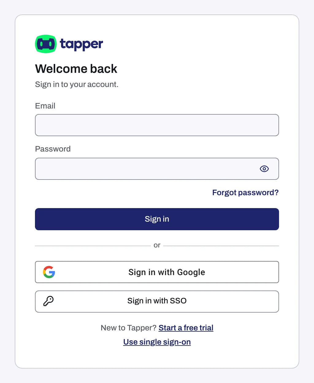The sign-in card with the email and password fields and the Google and SSO buttons