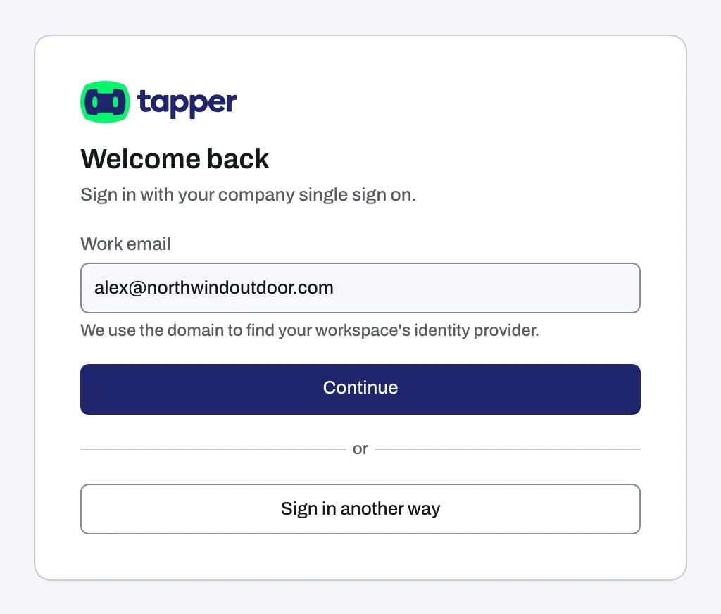 The SSO step of the sign-in card with the Work email field