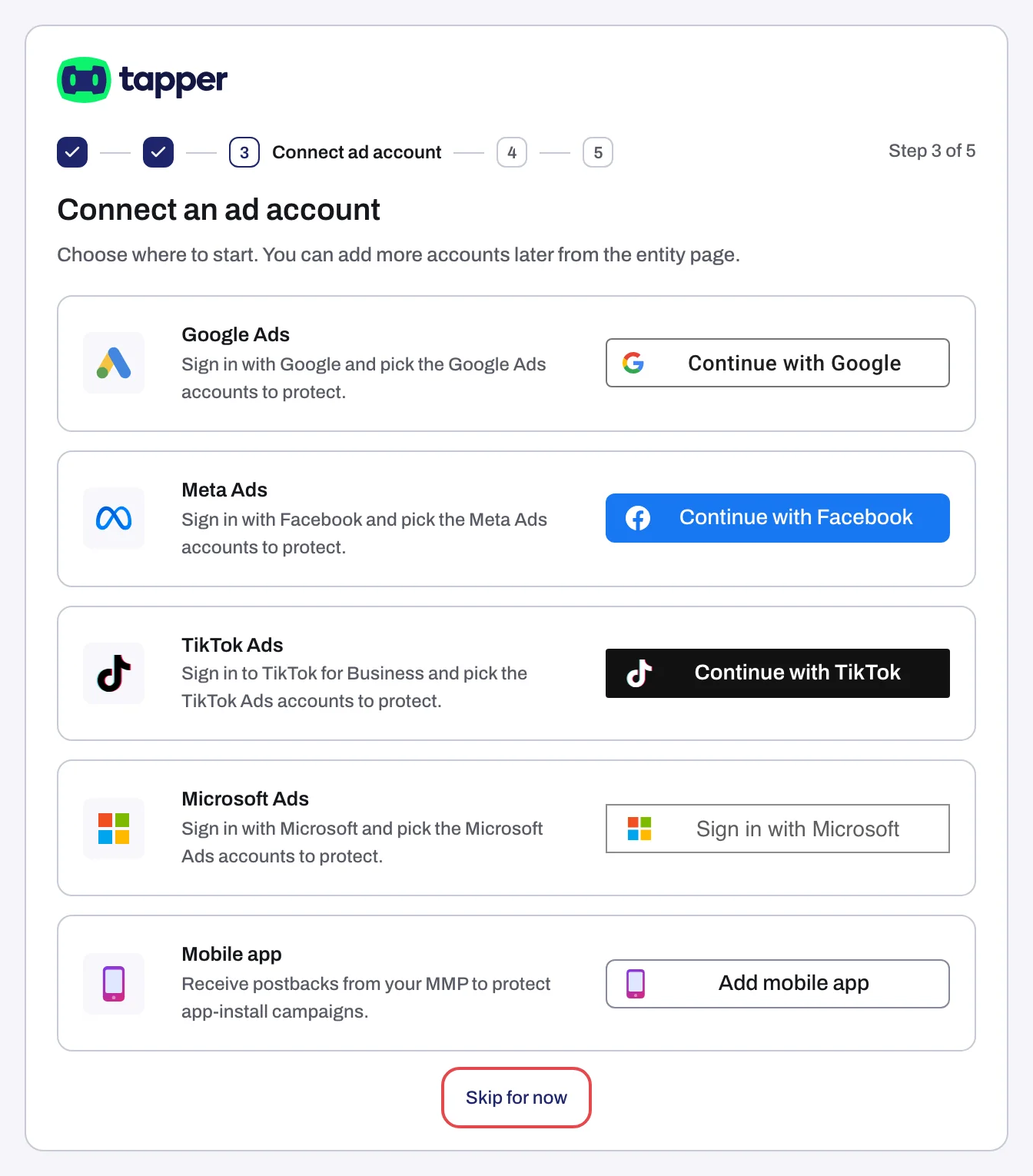 The Connect an ad account step with one row per platform