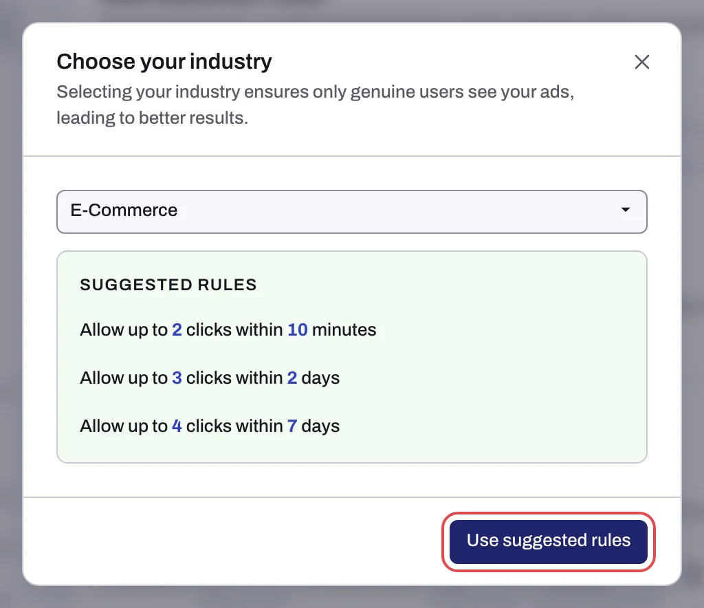The Choose your industry dialog with an industry selected and the Use suggested rules button