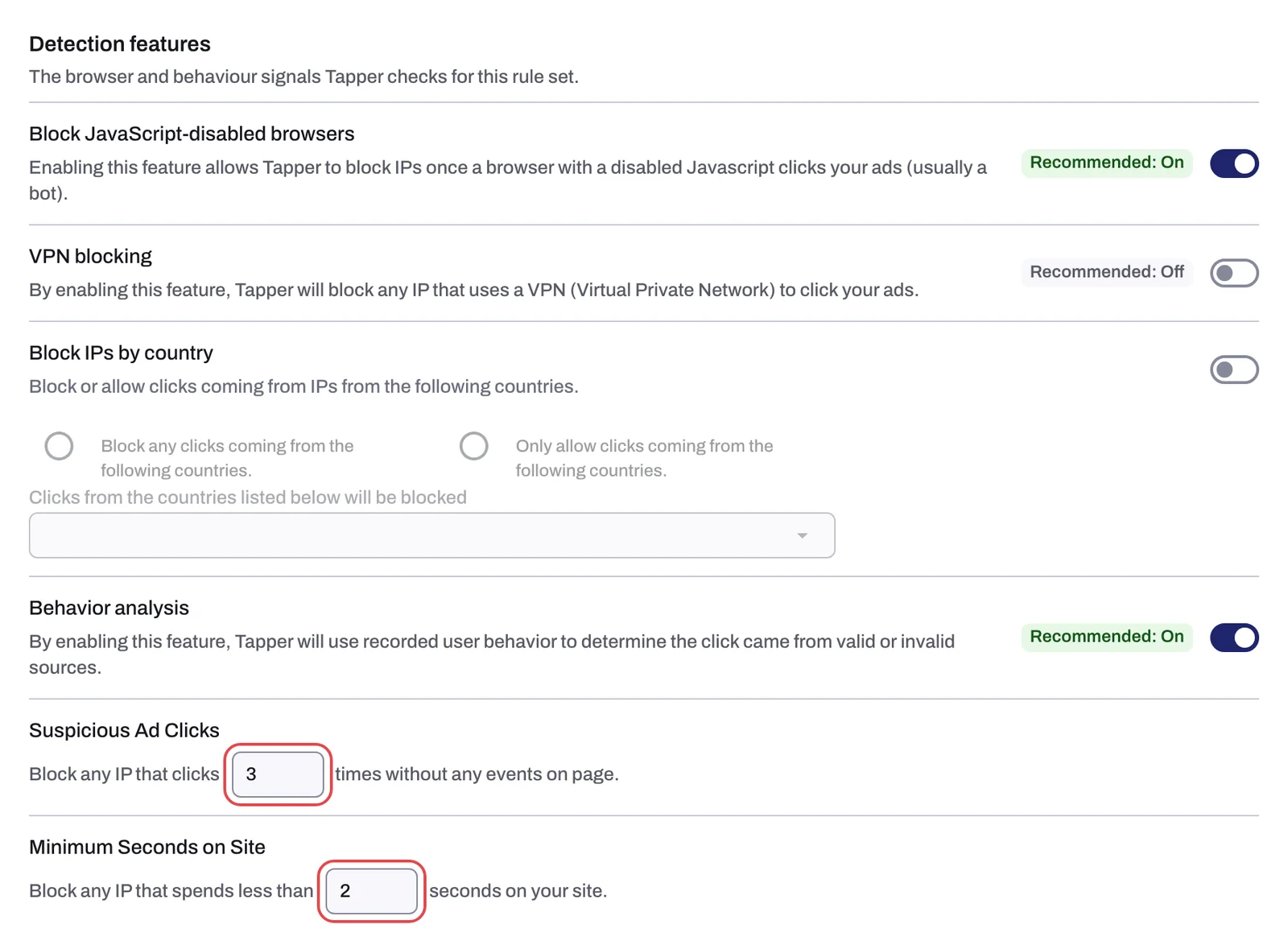 The Detection features section with the Suspicious Ad Clicks and Minimum Seconds on Site rows