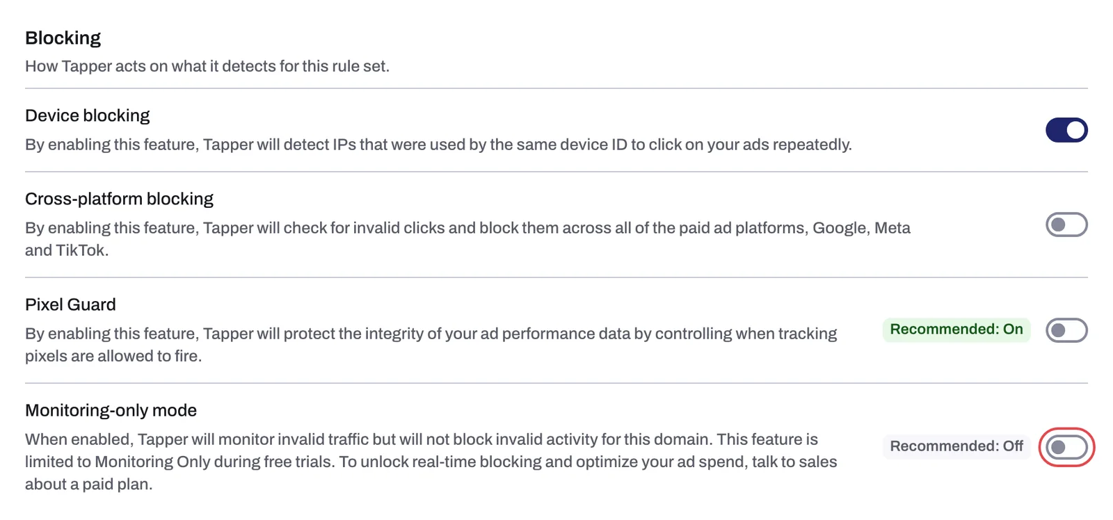 The Blocking section with the Monitoring-only mode switch turned off, so this rule set blocks