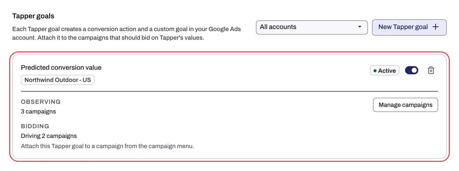 The Tapper goals section with the All accounts filter, the New Tapper goal button and one active goal card driving 2 campaigns