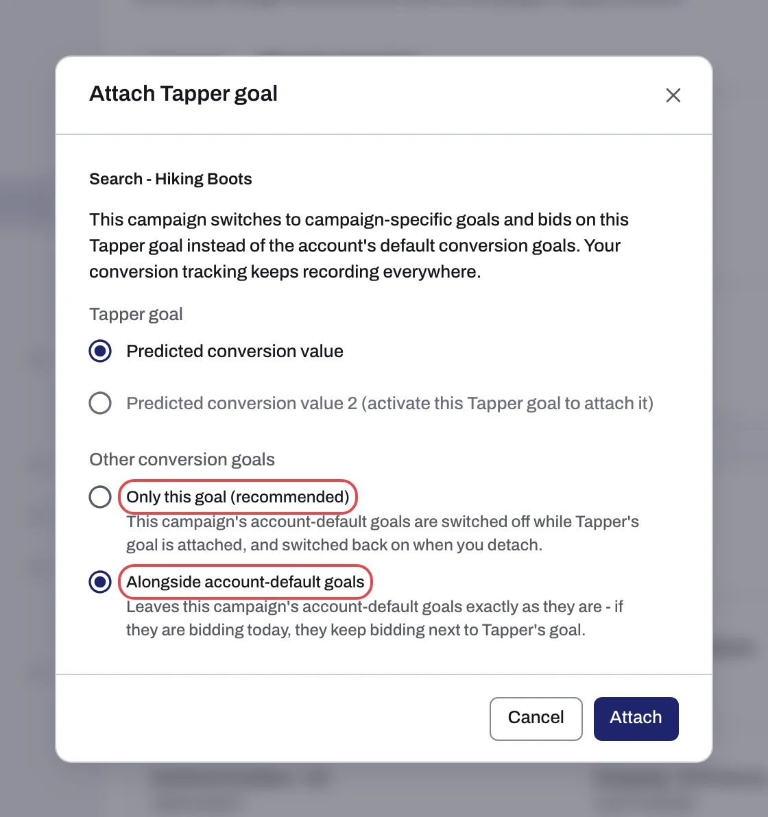 The Attach Tapper goal dialog: the Tapper goal picker, with a paused goal marked activate this Tapper goal to attach it, and the Other conversion goals choice