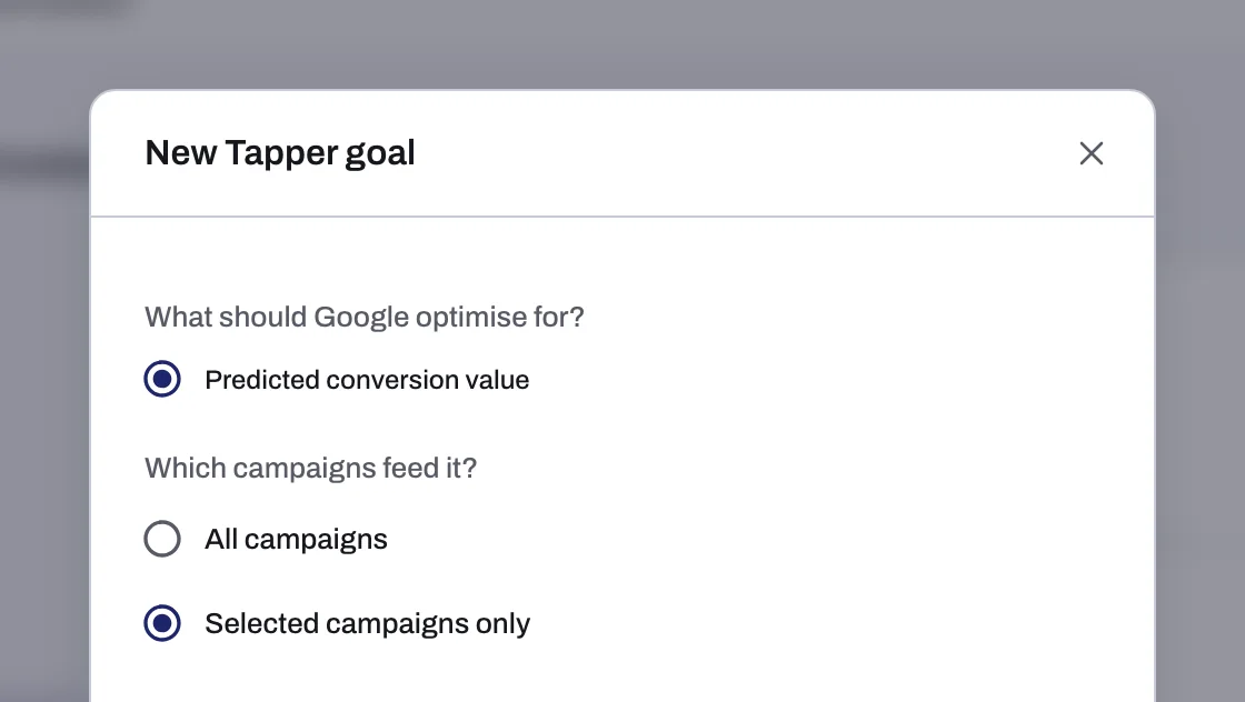 The New Tapper goal dialog with Predicted conversion value selected
