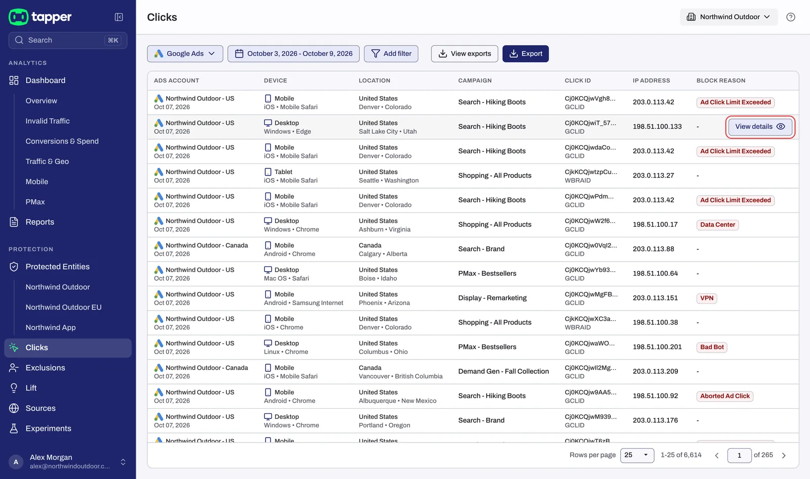 The Clicks page with Google Ads selected
