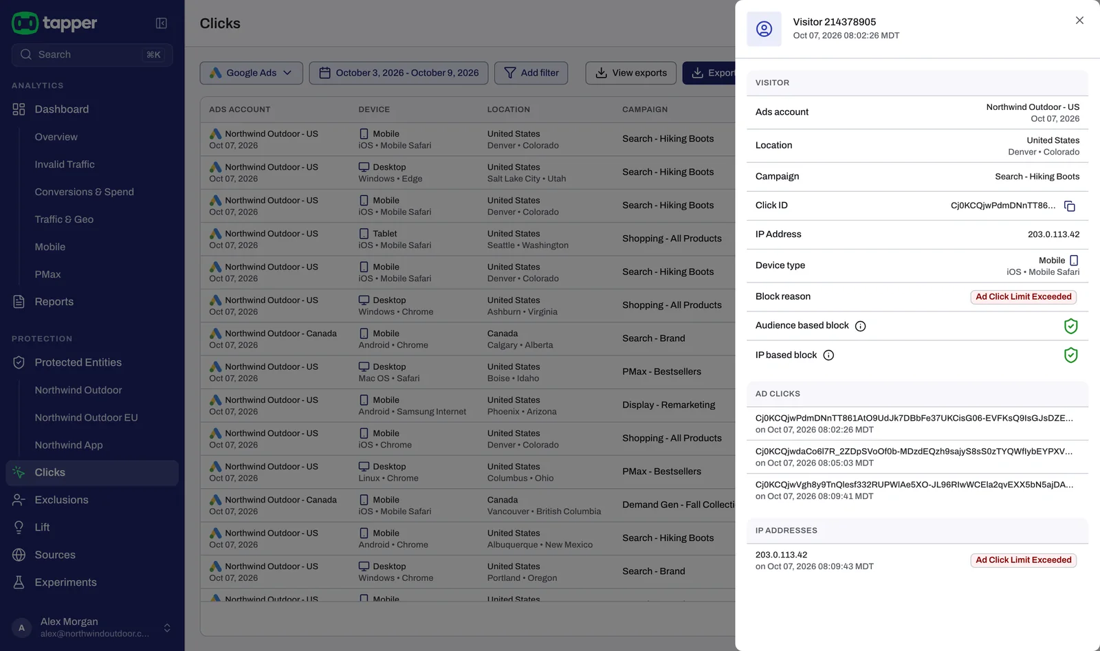 The visitor drawer opened from a Google Ads click