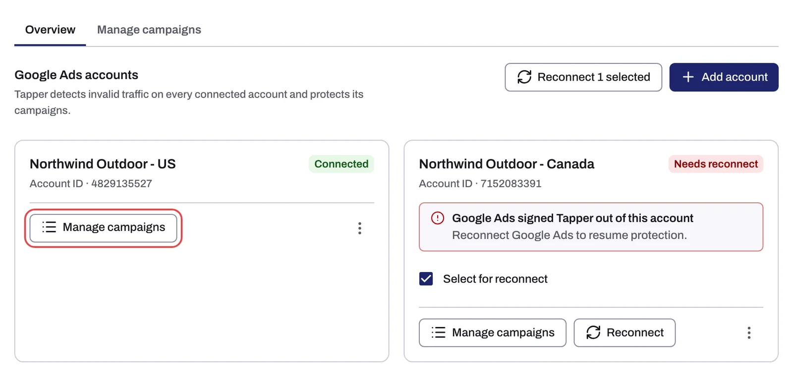 The Overview sub-tab: two account cards, one Connected and one Needs reconnect with Select for reconnect ticked