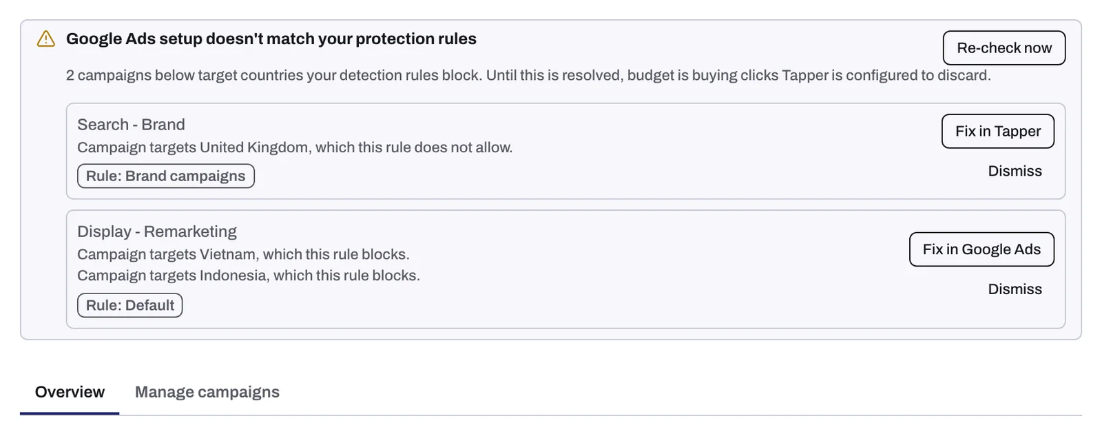 The Google Ads setup doesn't match your protection rules panel above the sub-tabs, with Re-check now, Fix in Tapper, Fix in Google Ads and Dismiss