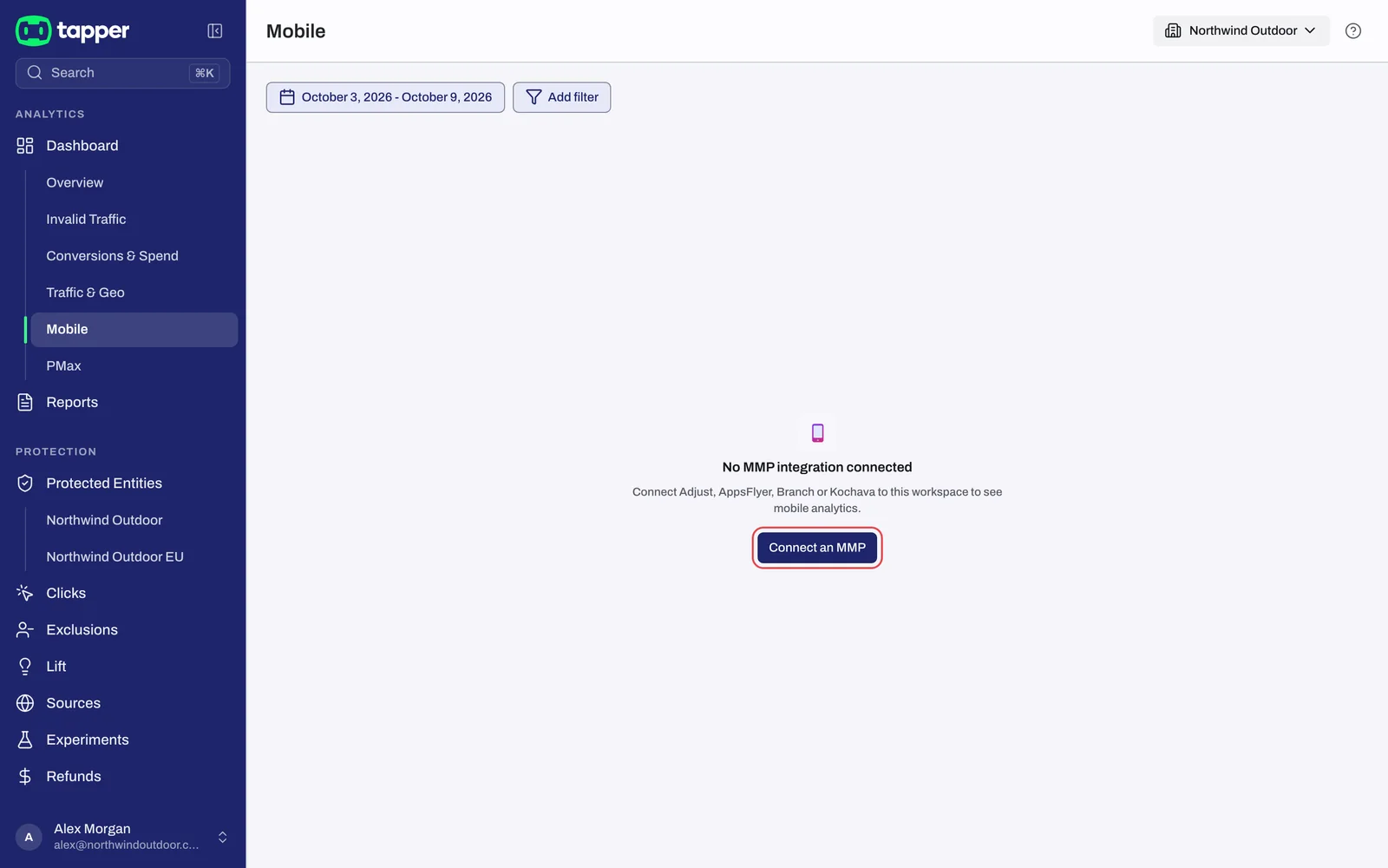 The Mobile tab before an MMP integration is connected