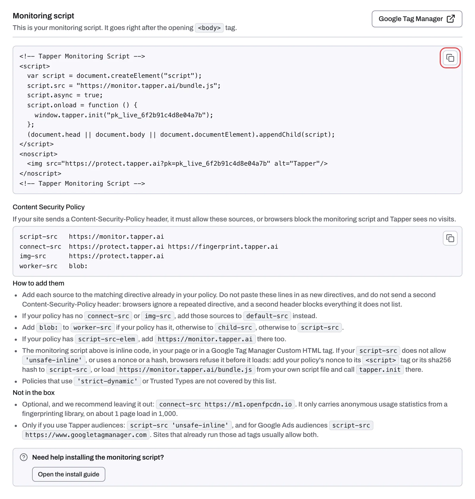 The Monitoring script section with Copy monitoring script and Google Tag Manager