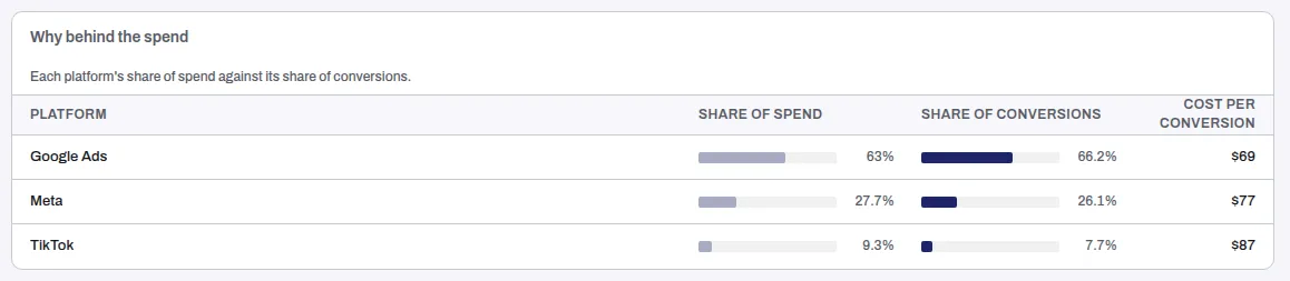 Why behind the spend: each platform's share of spend against its share of conversions, with its cost per conversion