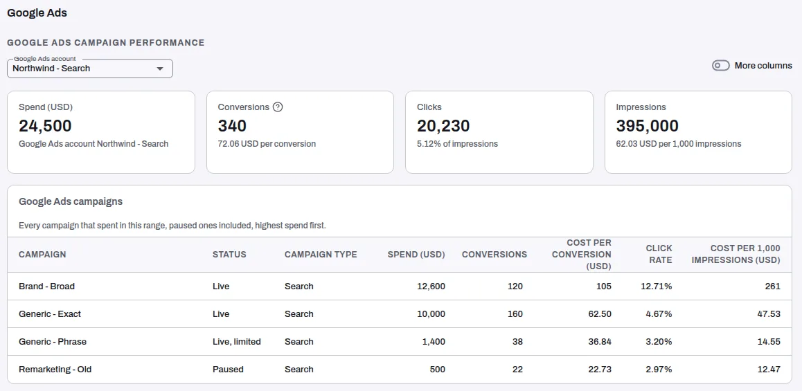 Google Ads campaign performance: the Google Ads account, More columns, the four tiles and the Google Ads campaigns table