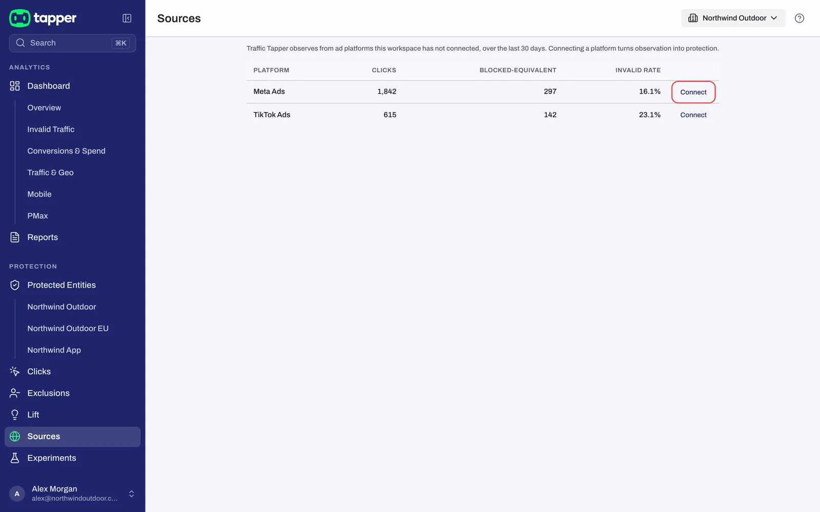 The Sources page with one unconnected platform listed