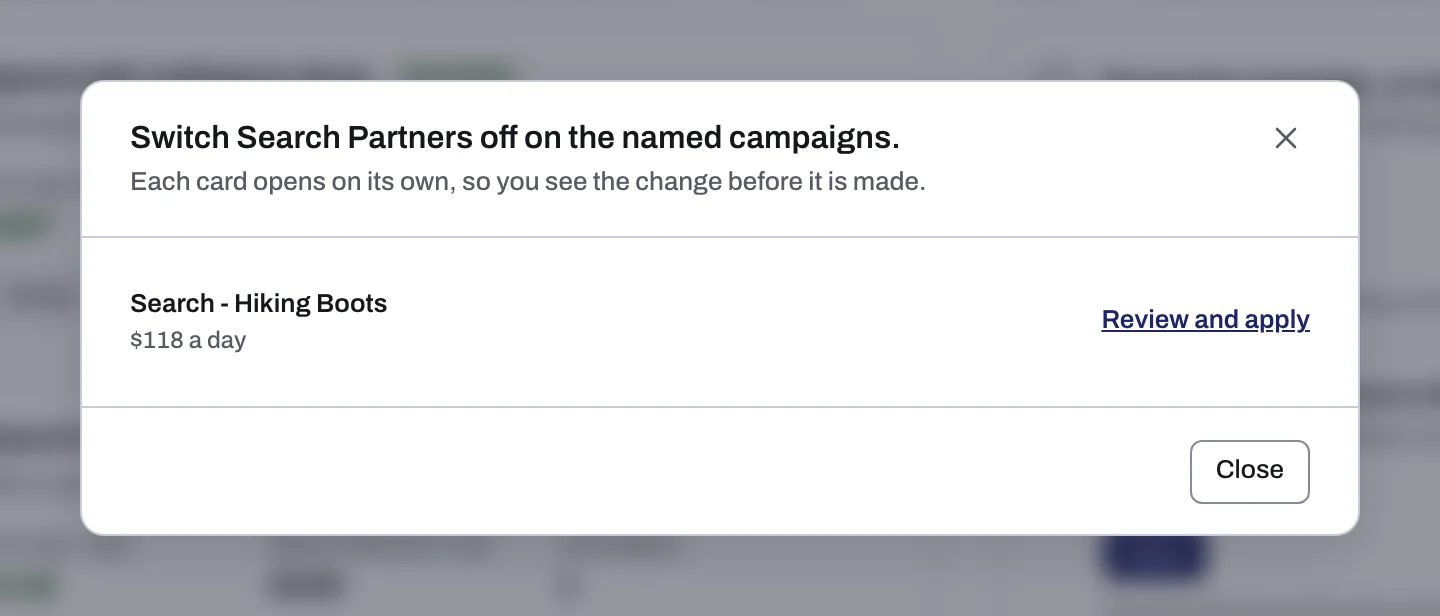The dialog Apply opens on a fix plan step, listing the step's card with Review and apply