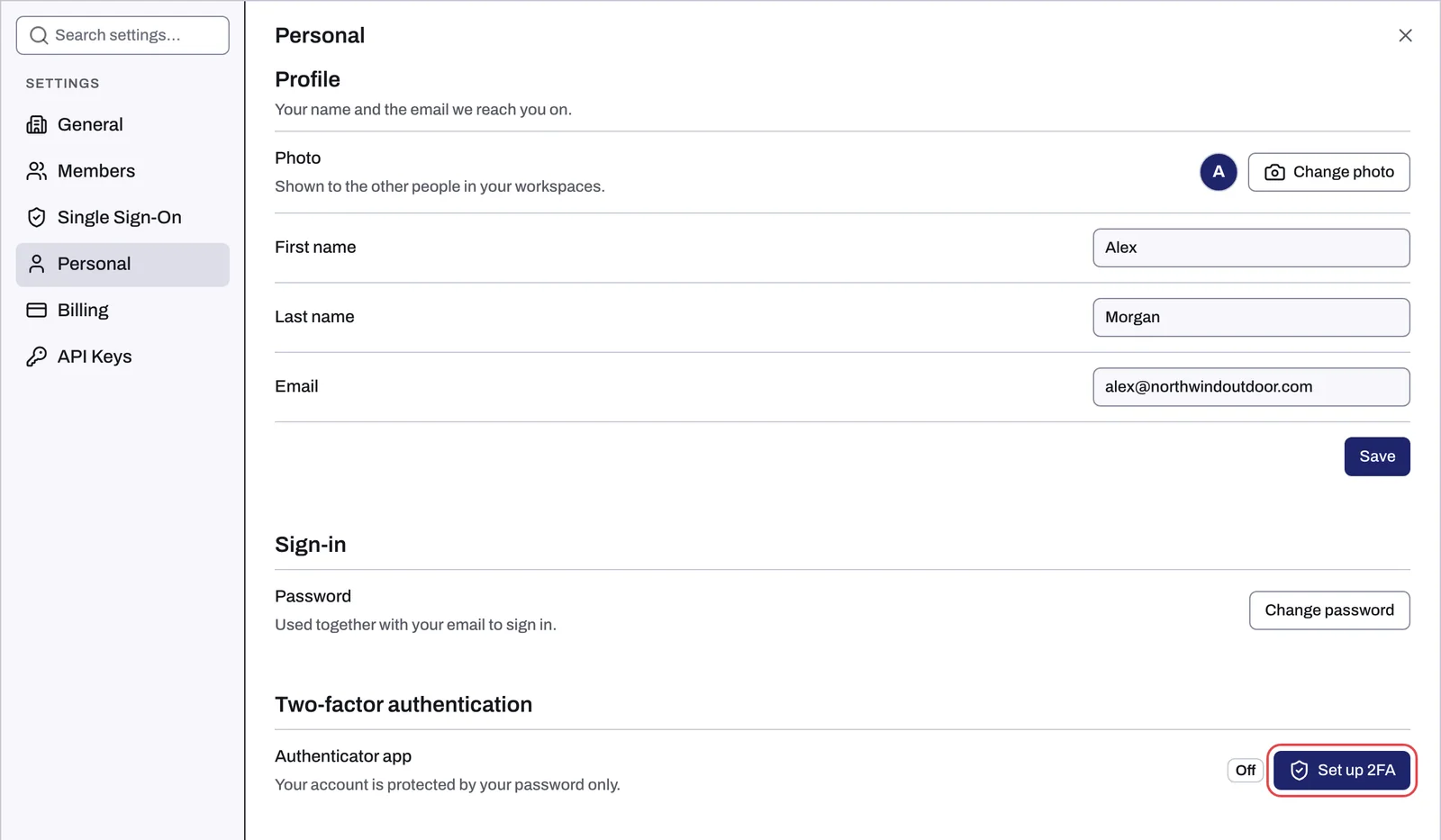 The Two-factor authentication section of Settings, Personal, with the Authenticator app row turned off