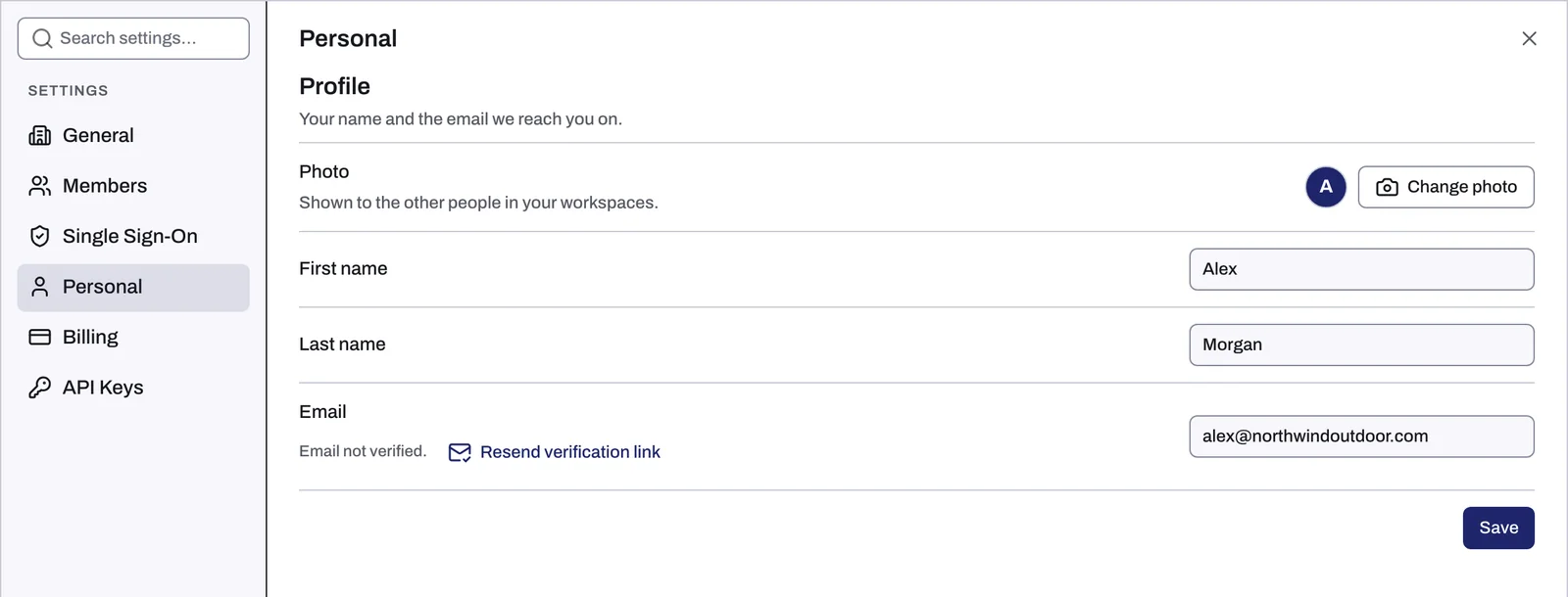 The Profile section of Settings, Personal, with the photo, name and email fields