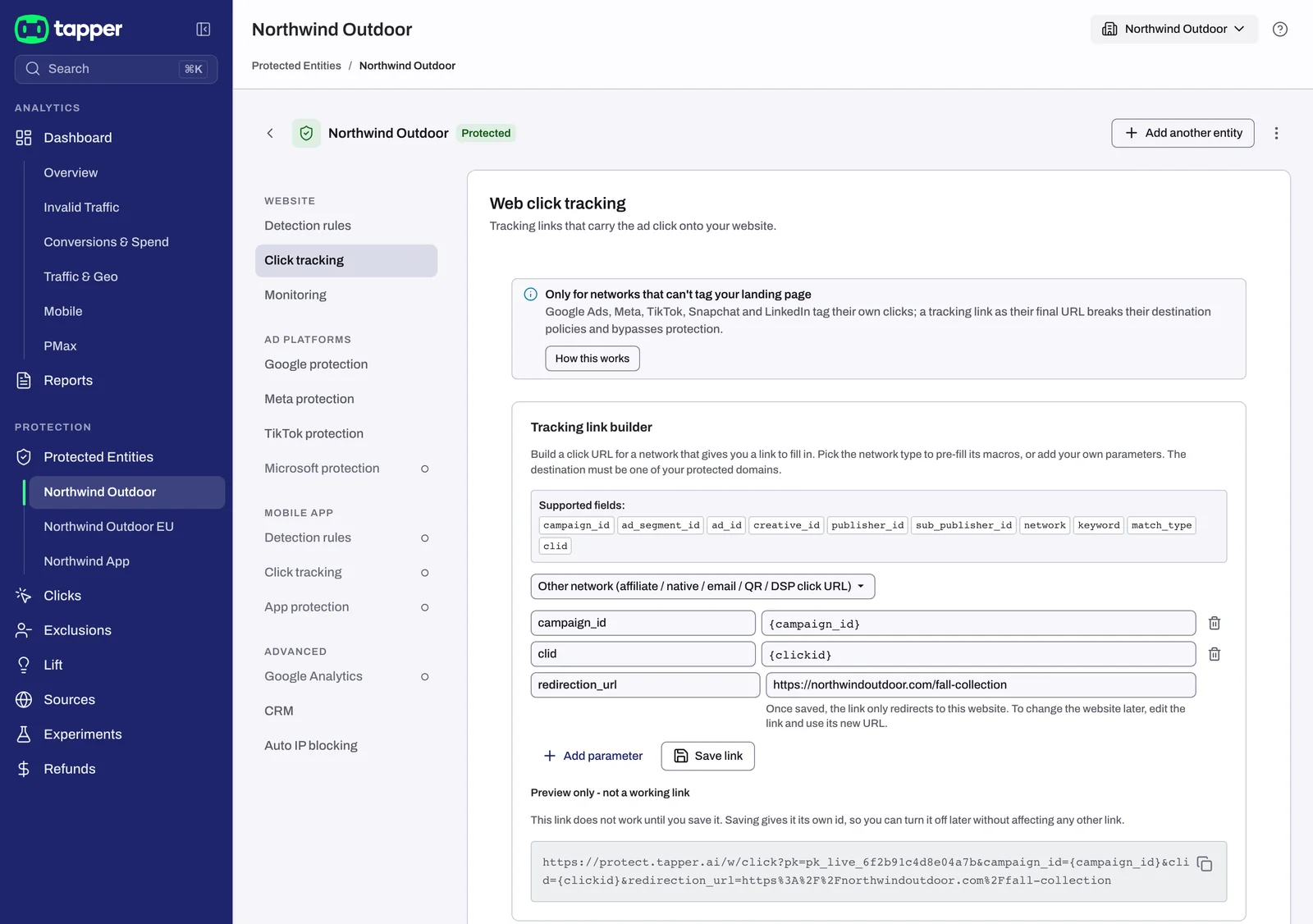 The Tracking link builder with the notice above it