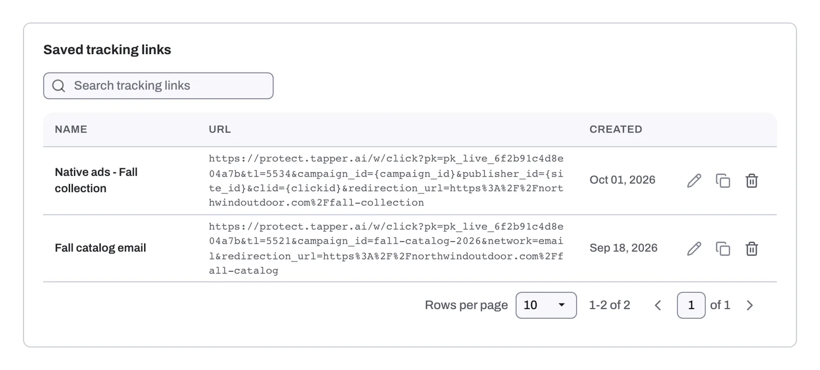 The Saved tracking links table with two links