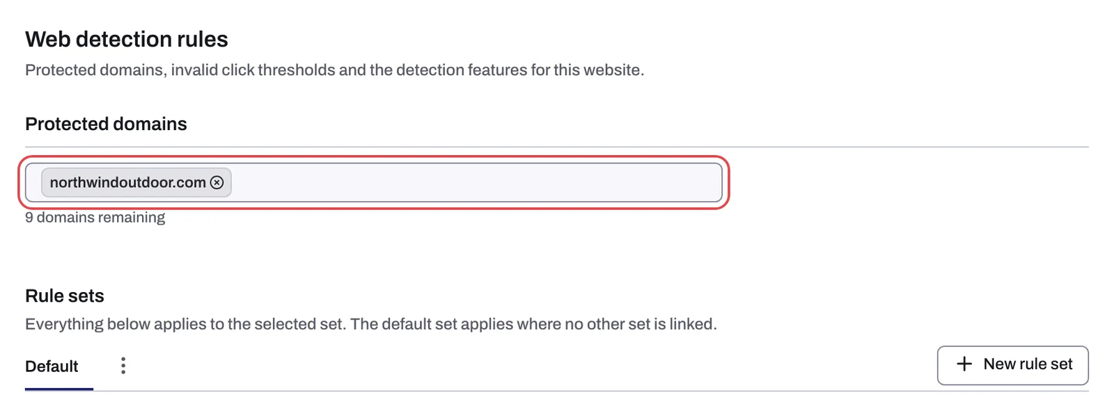 The Web detection rules tab: Protected domains and the Rule sets strip