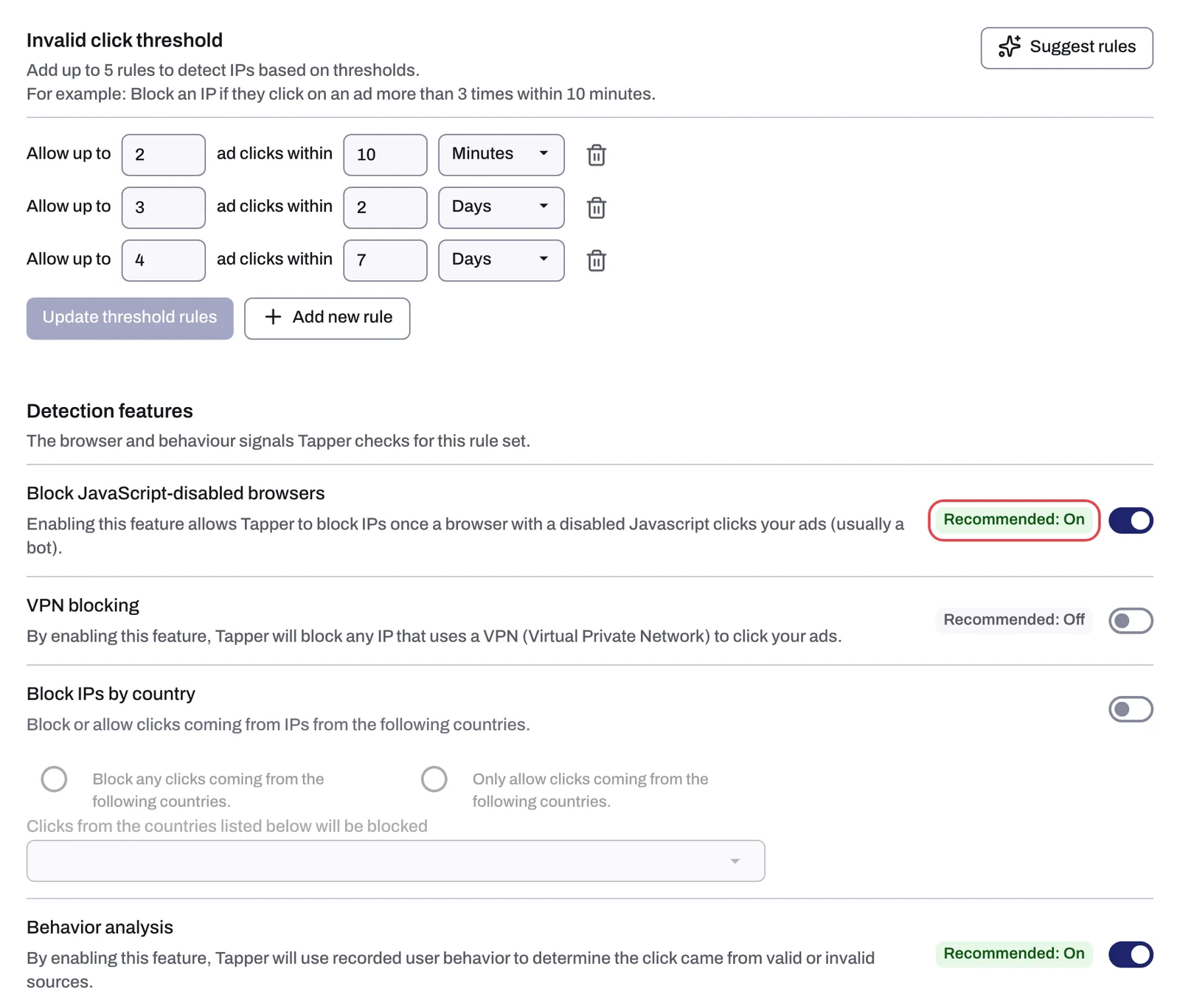 Invalid click threshold rows and the Detection features switches