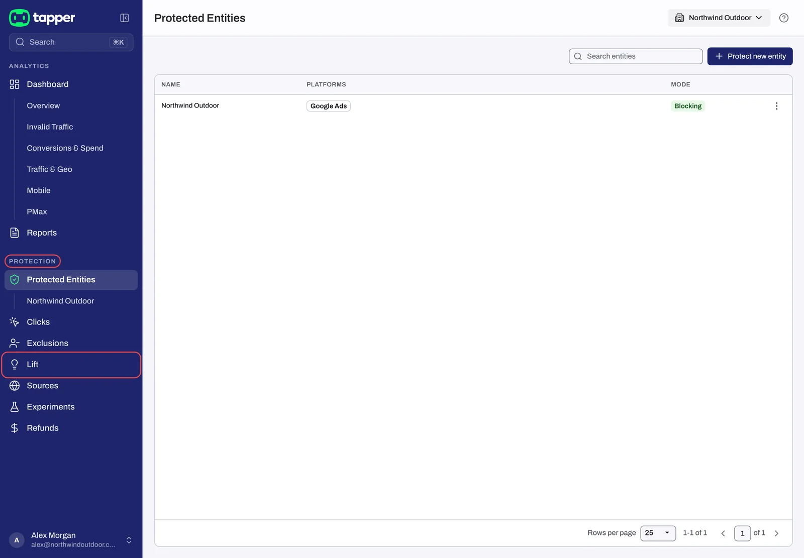 The sidebar on a Block + Lift workspace, with the Protection section and the Lift row