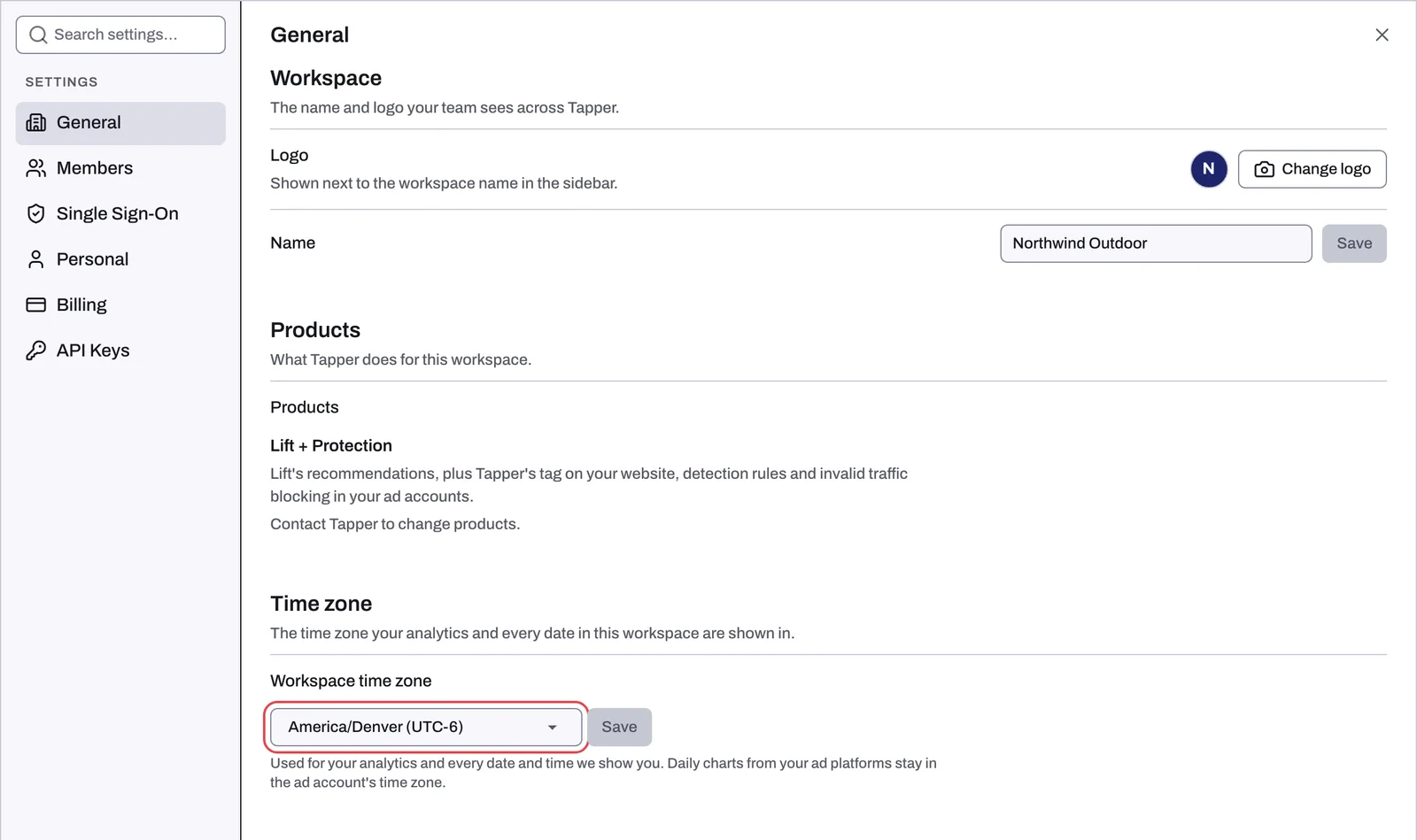 The Time zone section of Settings, General, with the Workspace time zone field and its helper
