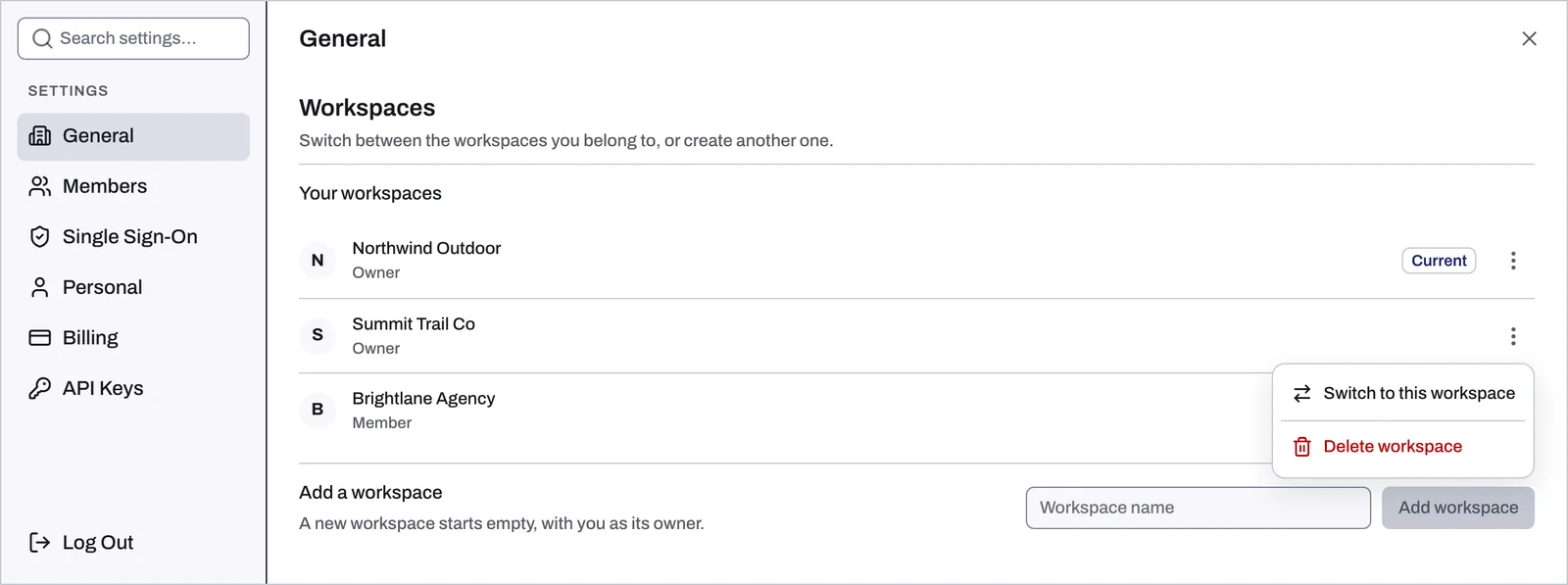 The Workspaces section of Settings, General, with a row menu open