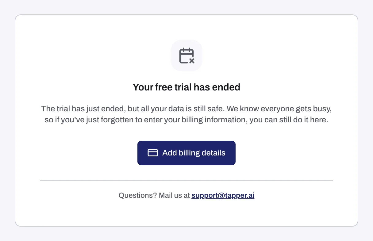 The Your free trial has ended page with the Add billing details button and the support address