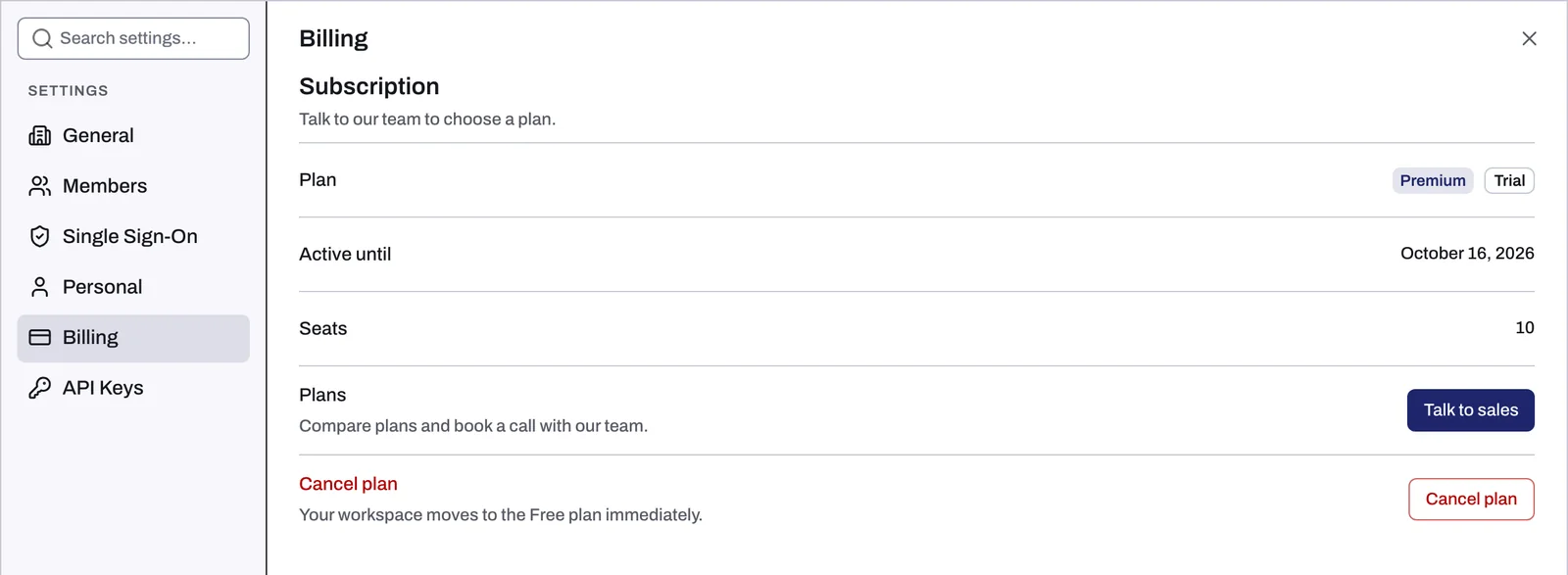 The Billing section during a free trial, with the Trial chip, Active until and Talk to sales